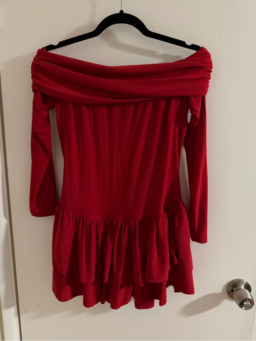 Fashion Nova Off-Shoulder Red Ruffle Hem Tunic Dress